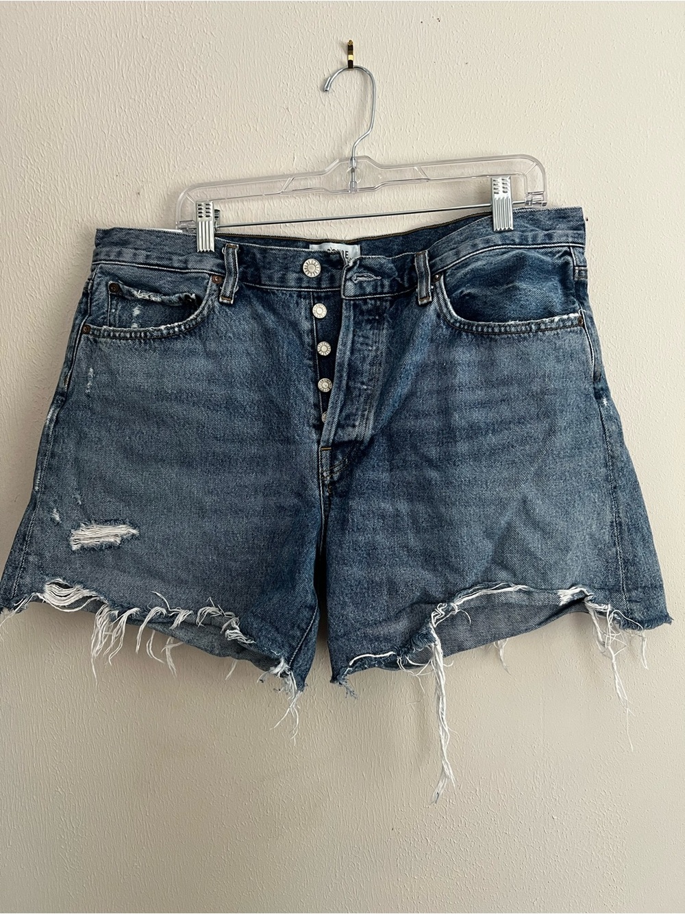 AGOLDE Distressed High-Rise Jean Shorts - Blue Wash